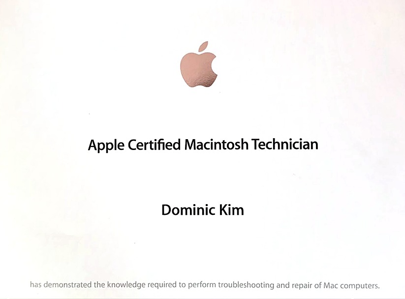 맥클리닉 대표의 Apple Certified Macintosh Technician 인증서